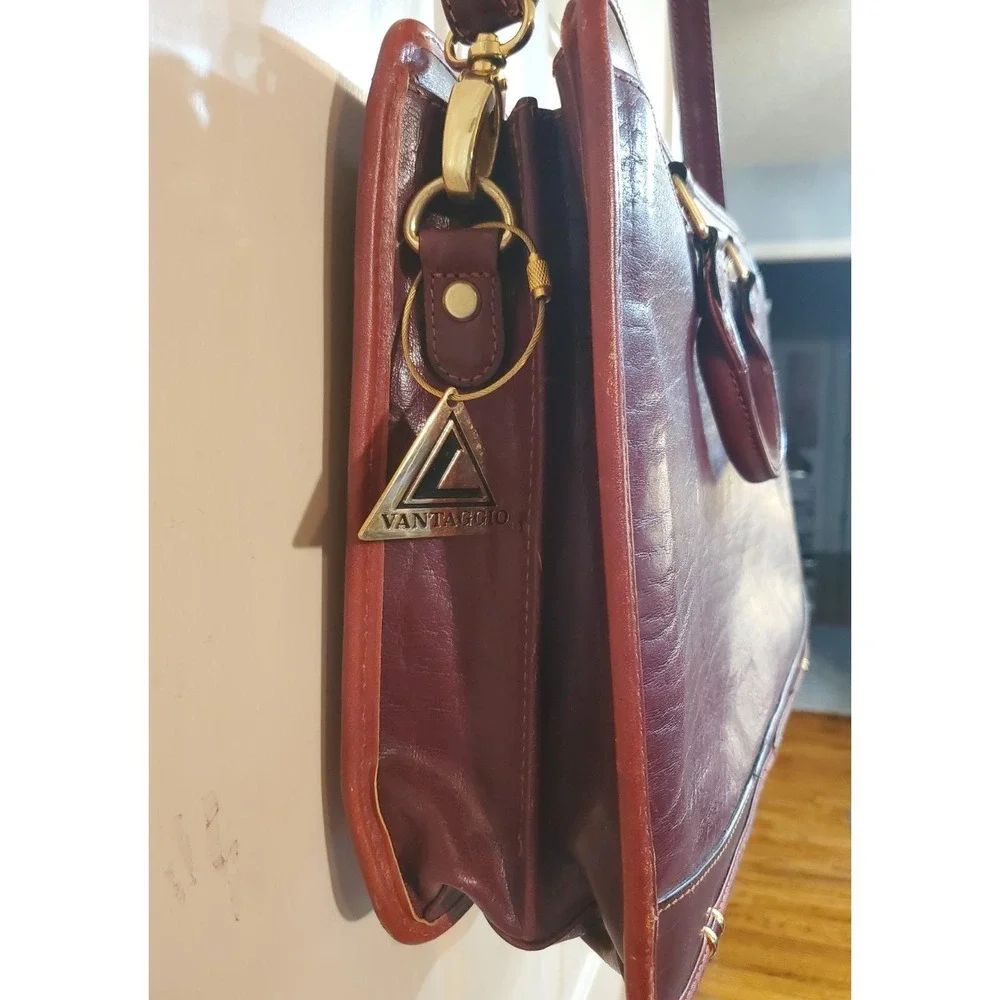 Cognac Brown Leather Briefcase‎ Lap Top Case Dbl Handle Shoulder Strap Vantaggio